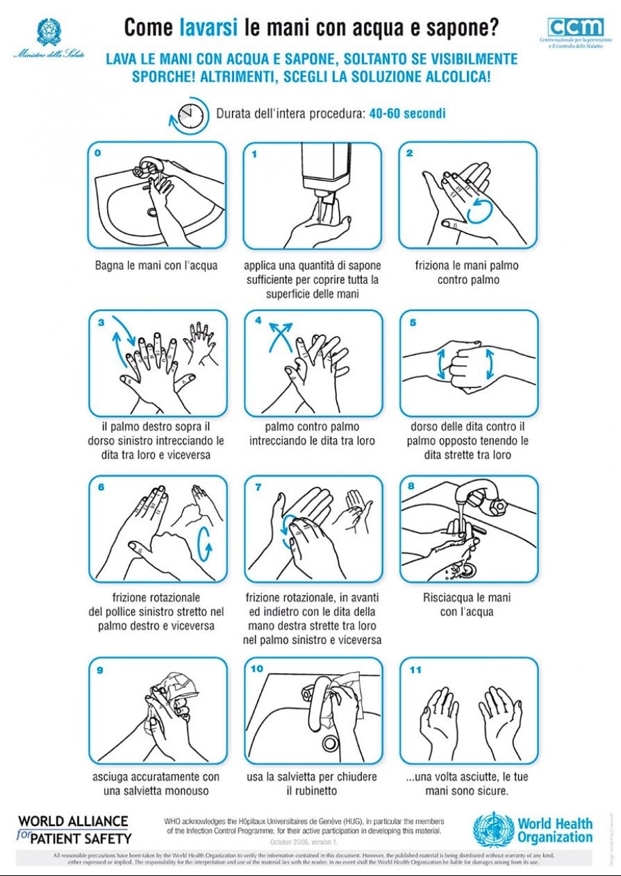 come lavarsi le mani con acqua e sapone o gel igienizzante INFOGRAFICA ministero della sanità