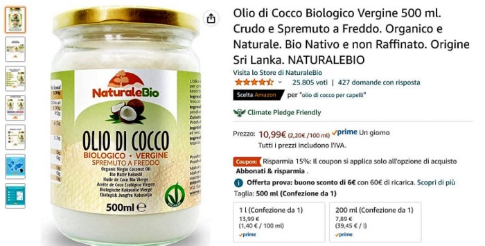 olio di cocco biologico vergine spremuto a fredo